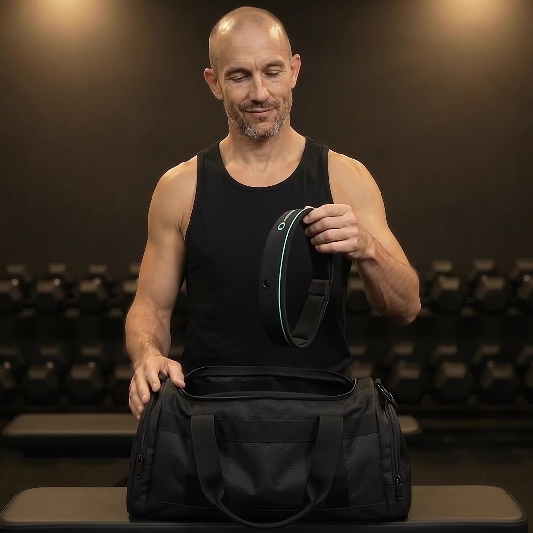 Peter lifting the IronPal headband out of his gym bag — the reveal.