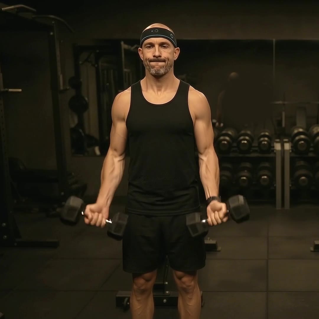 Peter wearing the IronPal headband, doing dumbbell biceps curls, facing the camera.