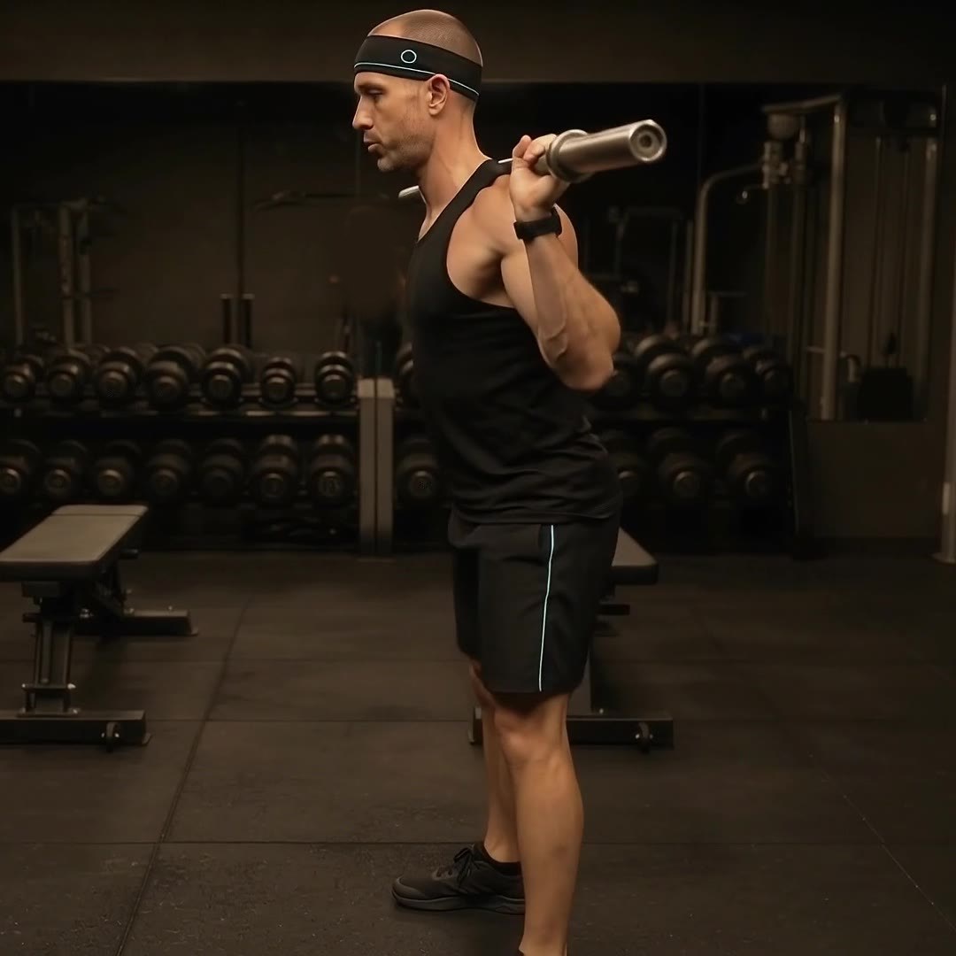 Peter wearing the IronPal headband, squatting under a barbell, seen from the side — the teal ring visible.