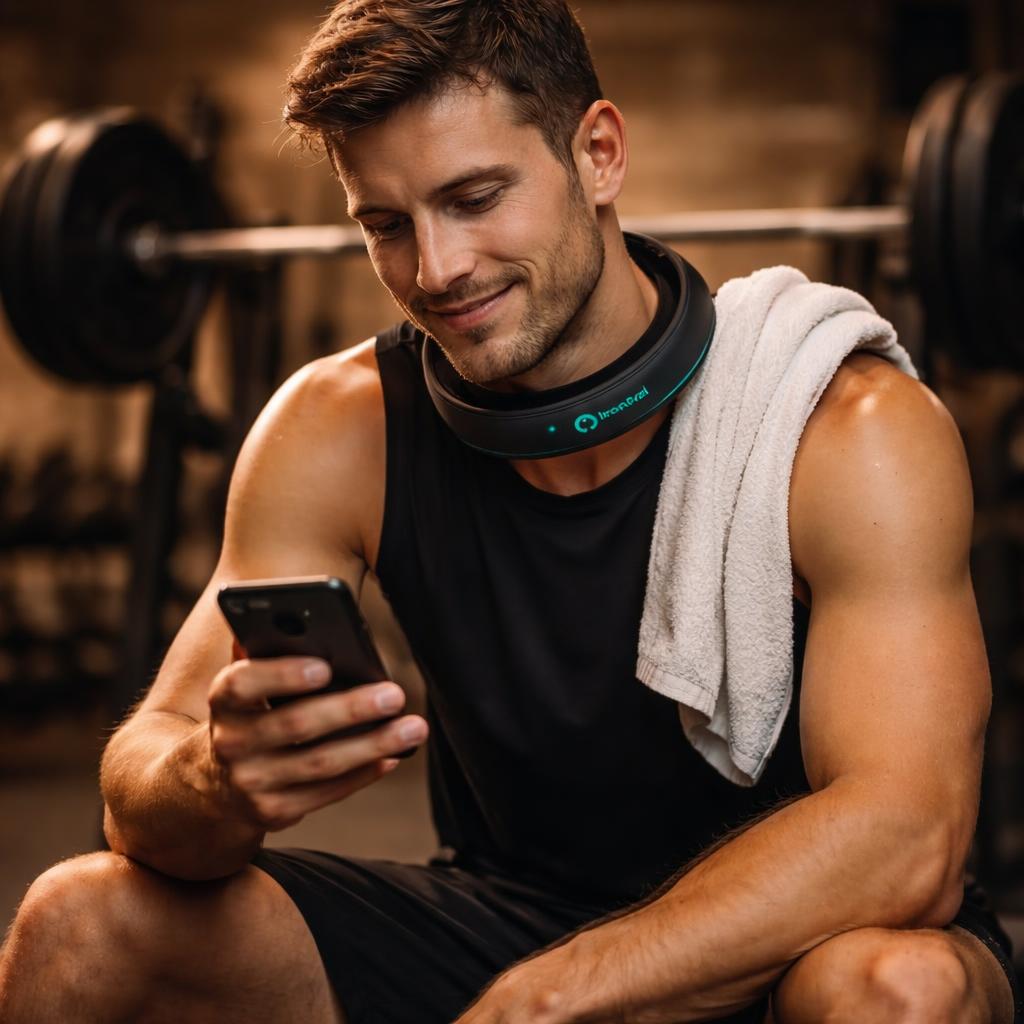 Athlete resting between sets with the IronPal band on, teal logo and LED visible, checking his phone.