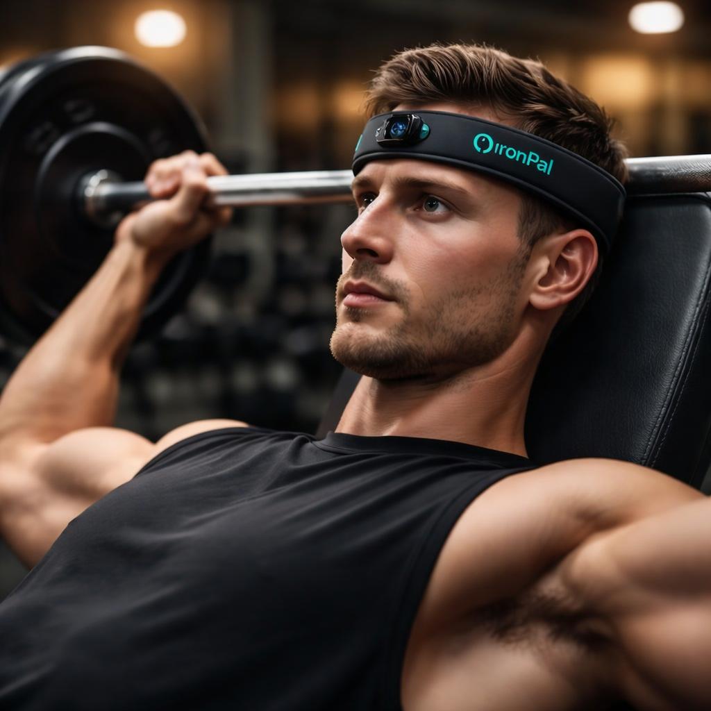 Athletic man bench-pressing while wearing the IronPal headband.